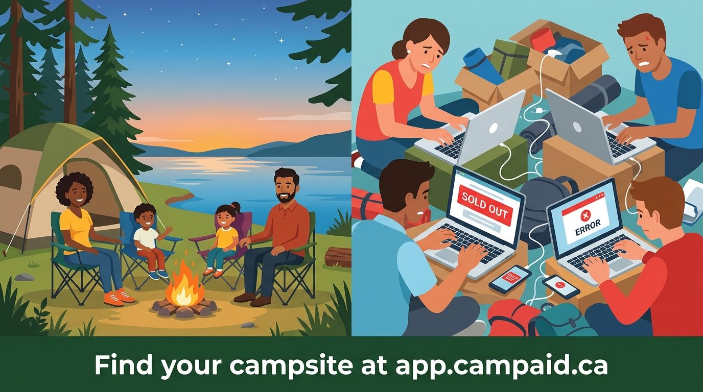 A family relaxing by a campfire at a lakeside site, next to four people hunched over laptops showing SOLD OUT and ERROR