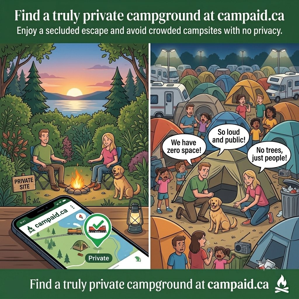 A secluded treed campsite beside a lake, next to a crowded campground with tents packed together