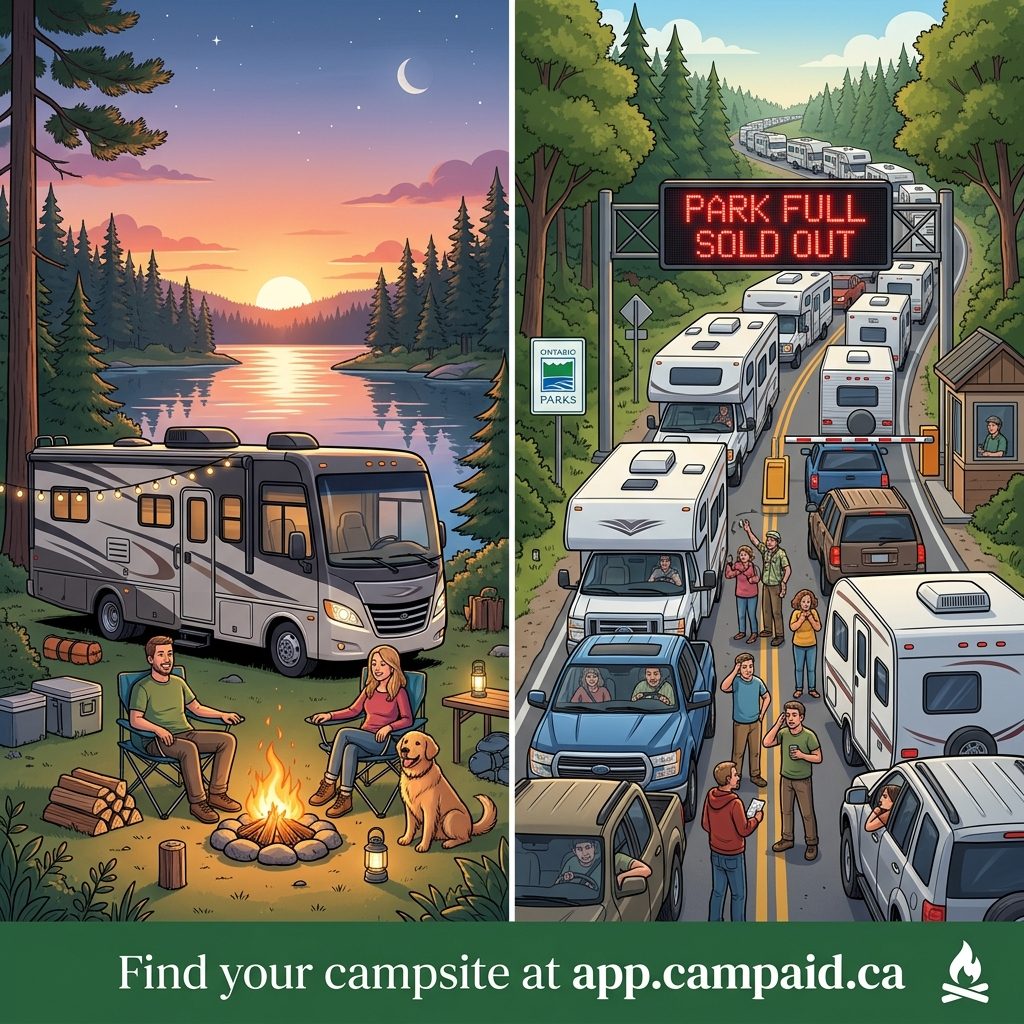 An RV parked at a quiet lakeside site, next to a long queue of RVs at a PARK FULL sign