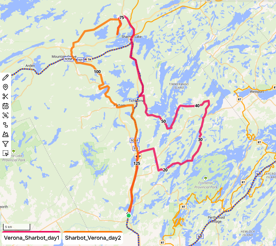 Two-day gravel loop from Verona to Sharbot Lake Provincial Park and back, plotted in gpx.studio